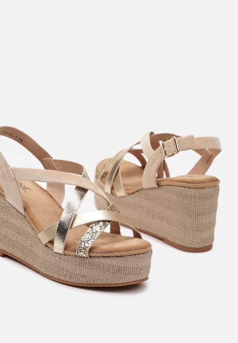 Sandale bej casual cu platformă în stil boho cu barete împletite cu sclipici Urani 6