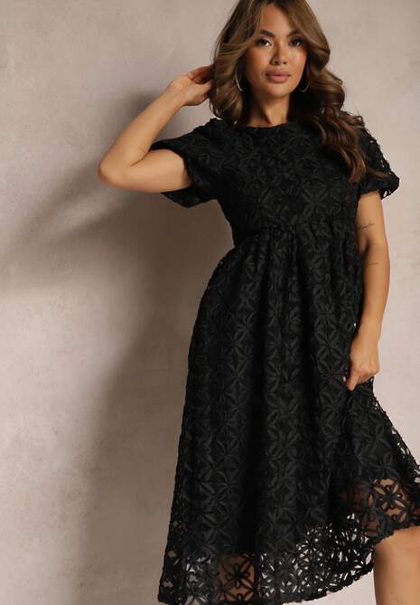 Czarna Sukienka z Tiulem we Wzory o Rozkloszowanym Fasonie Zorbia