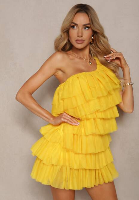 Żółta Rozkloszowana Sukienka Mini z Falbankami i Asymetrycznymi Ramionami Liurtta