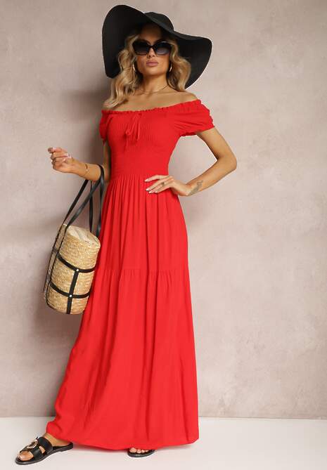 Czerwona Sukienka Hiszpanka z Wiskozy z Górą Marszczoną Gumkami Moallme