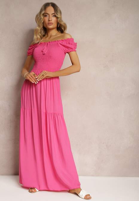 Różowa Sukienka Hiszpanka z Wiskozy z Górą Marszczoną Gumkami Moallme