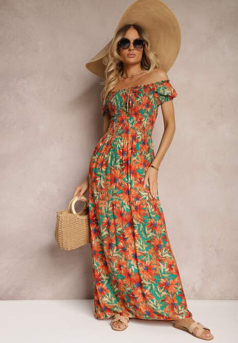 Zielono-Pomarańczowa Rozkloszowana Sukienka Hiszpanka z Wiskozy w Kwiatowy Wzór Viseria
