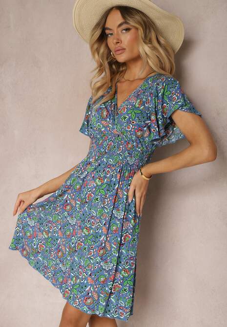 Rochie florală albastră din viscoză cu decolteu în V și elastic în talie Miralia 4