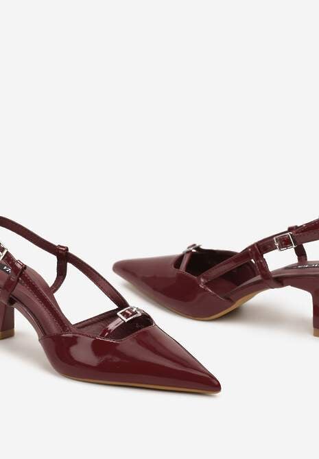 Bordowe Czółenka na Szpilce Typu Kaczuszka Peep Toe Ozdobione Klamrami Evalssia 7