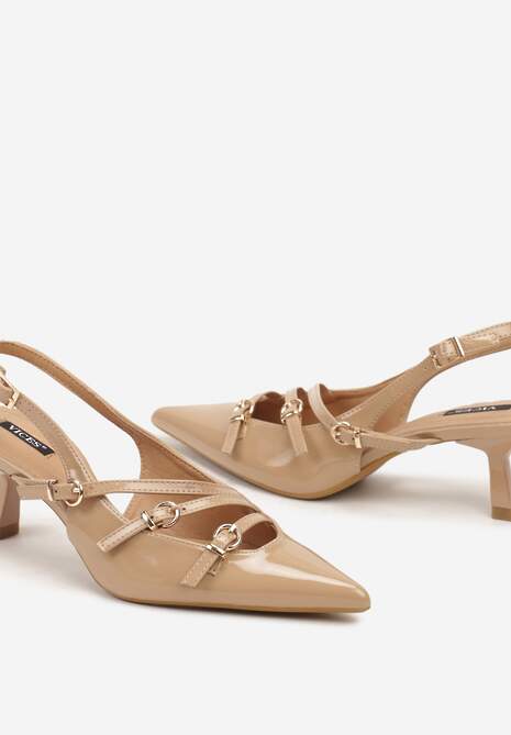 Beżowe Czółenka Lakierowane na Kaczuszce Peep Toe Ozdobione Paskami i Sprzączkami Labitha 6