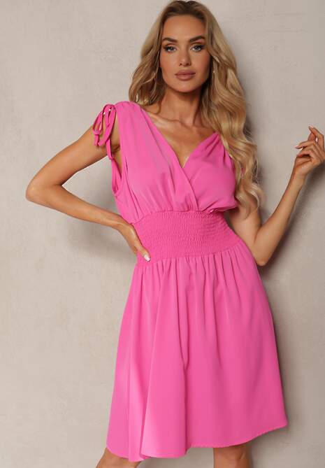 Rochie roz cu elastic în talie și umeri goi Cinnia 4