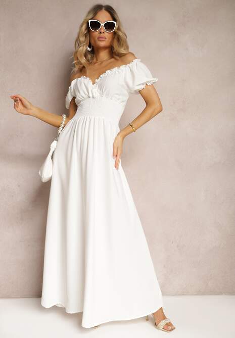 Biała Sukienka z Wiskozy z Gumką w Talii i Kopertowym Dekoltem Rhoneri