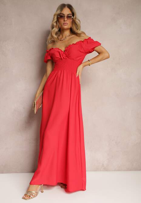 Czerwona Sukienka z Wiskozy z Gumką w Talii i Kopertowym Dekoltem Rhoneri