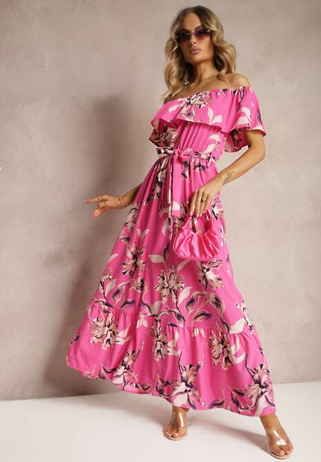 Różowa Kwiecista Sukienka Typu Hiszpanka z Gumką w Talii i Materiałowym Paskiem Pori