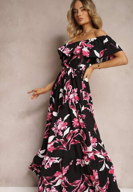 Czarno-Różowa Kwiecista Sukienka Typu Hiszpanka z Gumką w Talii i Materiałowym Paskiem Pori