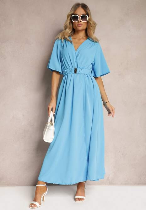 Niebieska Kopertowa Sukienka z Gumką w Talii i Paskiem Amperi