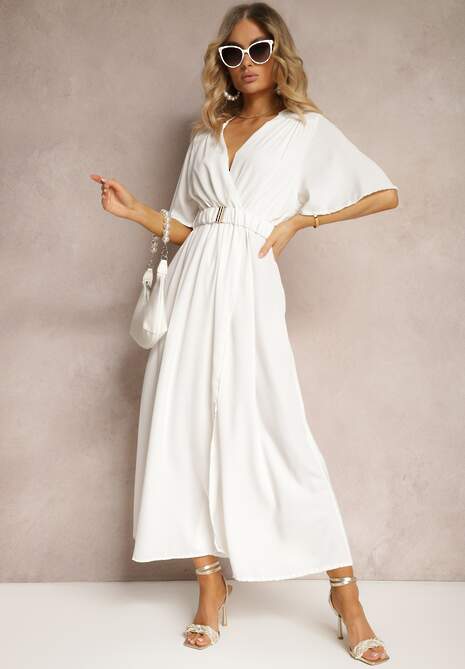 Biała Kopertowa Sukienka z Gumką w Talii i Paskiem Amperi
