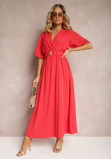 Czerwona Kopertowa Sukienka z Gumką w Talii i Paskiem Amperi