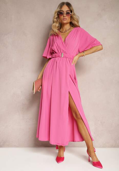 Różowa Kopertowa Sukienka z Gumką w Talii i Paskiem Amperi
