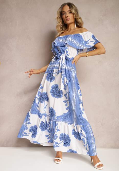 Niebiesko-Biała Hiszpanka Sukienka z Gumką w Talii i Materiałowym Paskiem z Falbankami Xoneri