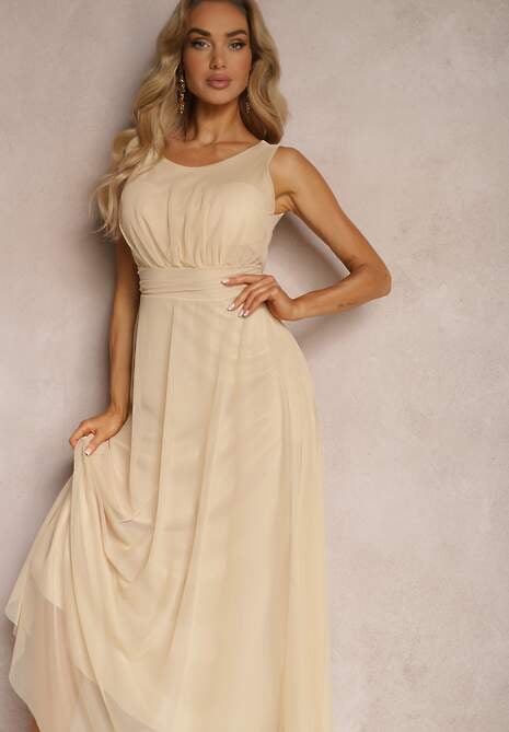 Rochie cocktail bej cu tiv de tul fără mâneci Elastar 4
