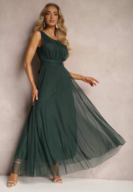 Zielona Koktajlowa Sukienka z Tiulowym Dołem Bez Rękawów Elastar