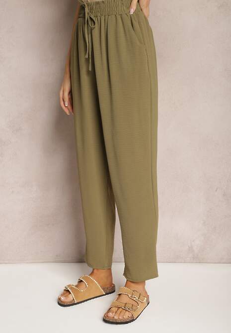Ciemnozielone Spodnie Regular High Waist z Wiązaniem w Pasie Dimeca 4