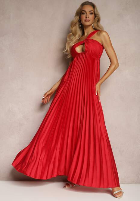 Czerwona Asymetryczna Sukienka Plisowana na Jedno Ramię z Gumką w Talii Elashay