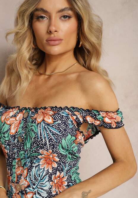 Rochie din Bumbac Bleumarin-Verde cu Flori cu Volane și Elastic în Talie Darialia 5