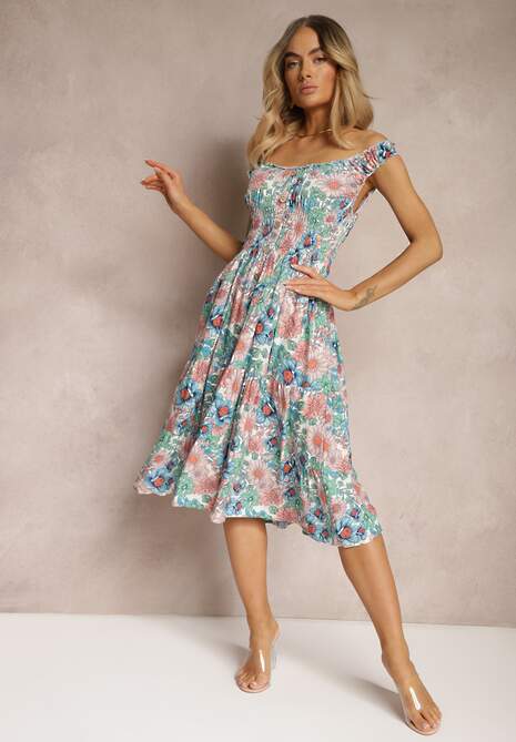 Rochie Roz-Albastru cu Elastic in Talie pe Bretele cu Volane Florale cu Nasturi Decorativi Arcovia 4