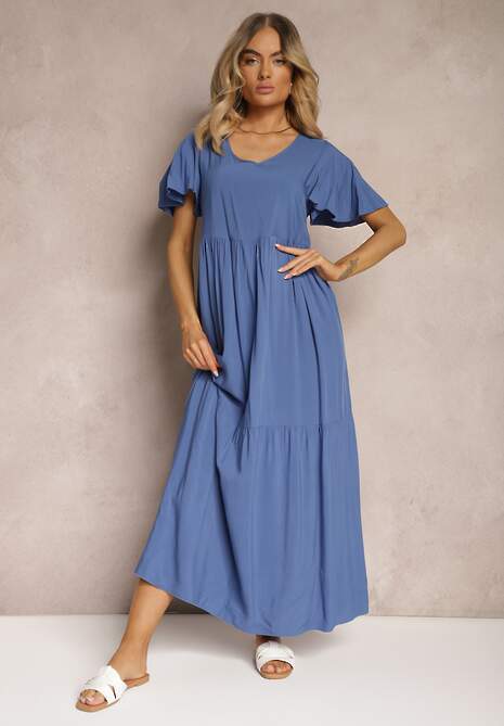 Niebieska Rozkloszowana Sukienka z Bawełny z Falbankami Dimante