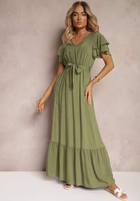 Zielona Sukienka z Bawełny z Gumką w Talii Zdobiona Falbankami z Materiałowym Paskiem Lendolia