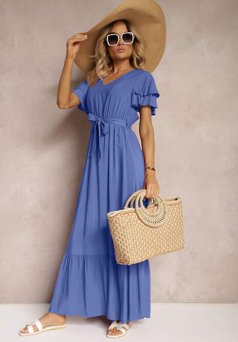 Niebieska Sukienka z Bawełny z Gumką w Talii Zdobiona Falbankami z Materiałowym Paskiem Lendolia