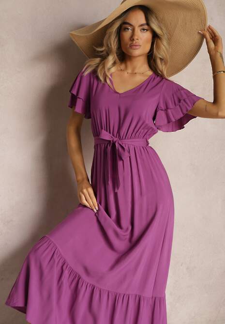 Fioletowa Sukienka z Bawełny z Gumką w Talii Zdobiona Falbankami z Materiałowym Paskiem Lendolia