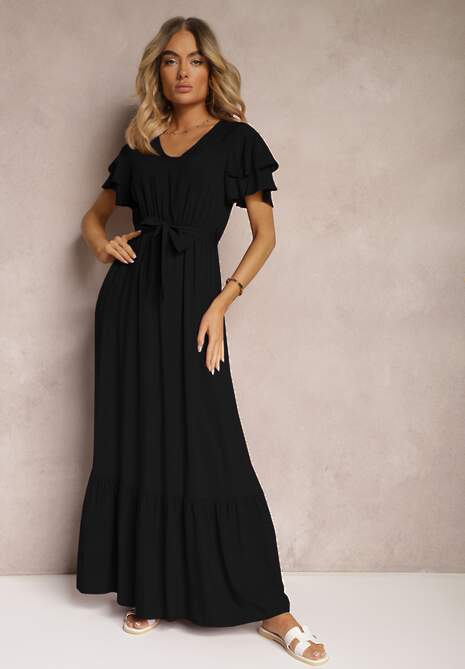 Czarna Sukienka z Bawełny z Gumką w Talii Zdobiona Falbankami z Materiałowym Paskiem Lendolia