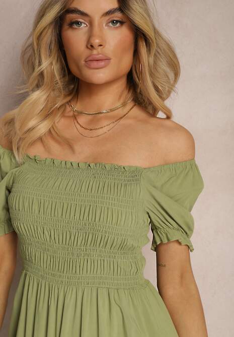 Rochie verde din bumbac evazată cu partea de sus încrețită și volane Dimettria 5
