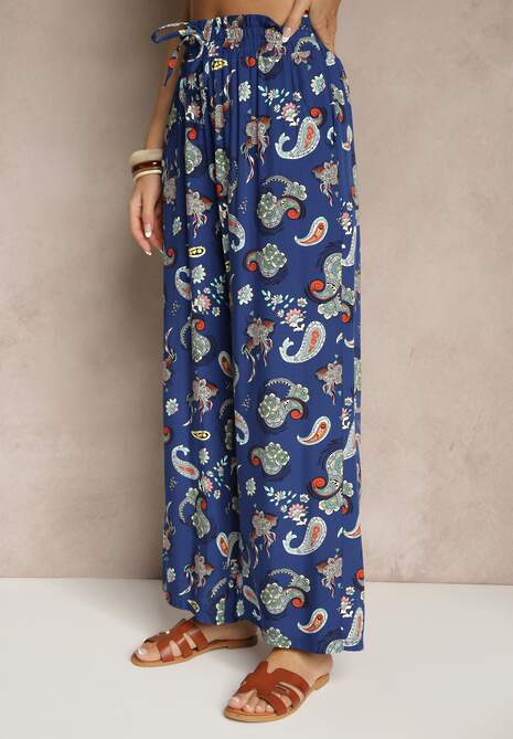 Niebieskie Bawełniane Spodnie Boho w Stylu Palazzo z Gumką w Pasie i Wysokim Stanem Pravia 4