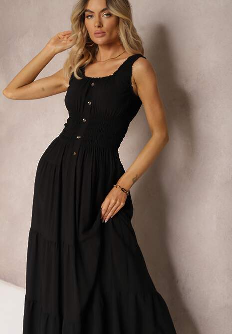 Czarna Sukienka z Bawełny na Ramiączkach z Gumką w Talii i Guzikami Dunvia