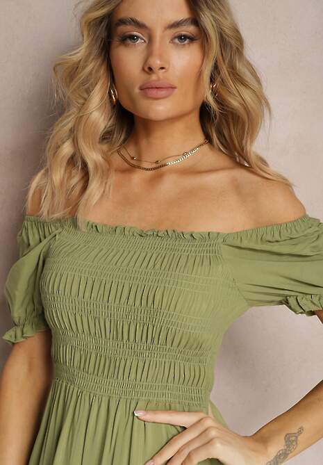 Rochie evazată verde din bumbac tip hispanic cu partea de sus plisată Xilvia 5