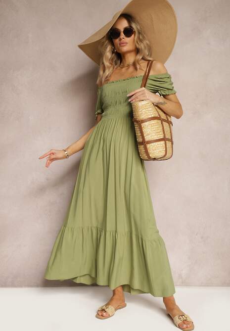 Zielona Rozkloszowana Sukienka z Bawełny Typu Hiszpanka z Marszczoną Górą Xilvia