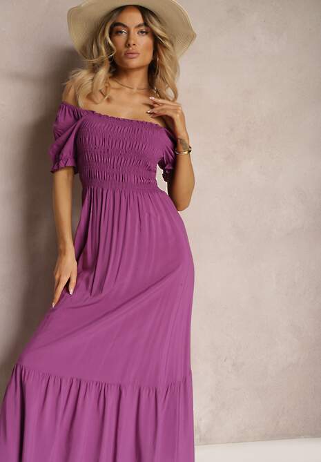 Fioletowa Rozkloszowana Sukienka z Bawełny Typu Hiszpanka z Marszczoną Górą Xilvia