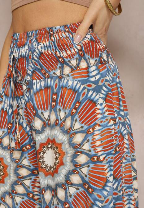 Pantaloni bleumarin-portocalii tip Palazzo din viscoză talie înaltă cu elastic în talie Bistalia 5