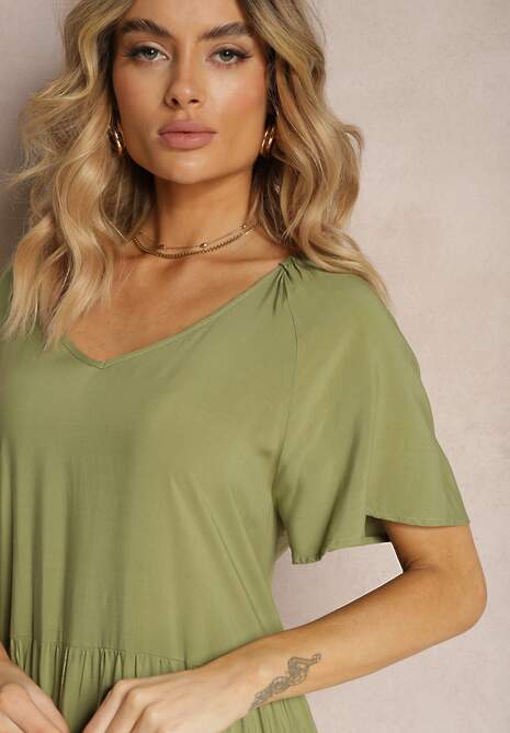Rochie Verde Vâscoză cu Mânecă Scurtă Delantia 5
