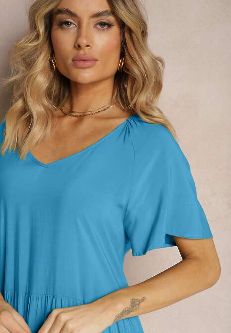Rochie din viscoză albastră cu mânecă scurtă și croială evazată Delantia 5