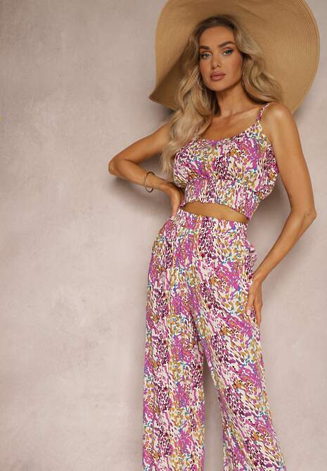 Set Roz Top Scurt Bretele Pantaloni Largi Elastic Talie Dimyila 4