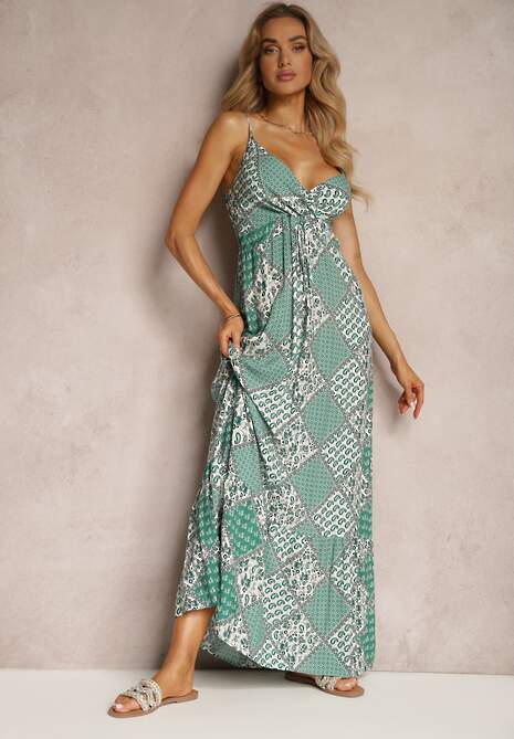 Rochie verde boho din viscoză cu elastic în talie și decolteu triunghiular Winsalia 4