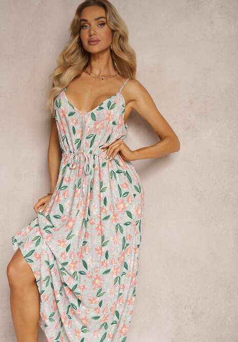 Rochie verde deschis din viscoză cu elastic și bretele reglabile cu imprimeu floral Abcolia 4
