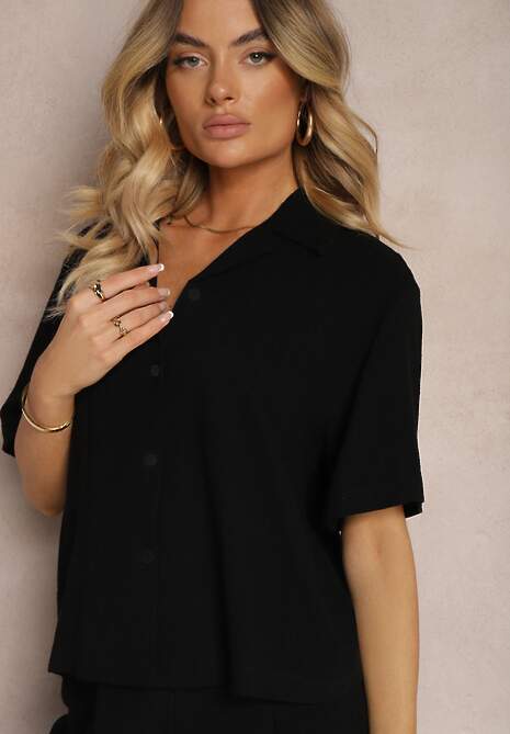 Set Negru din 2 Piese Cămașă cu Mânecă Scurtă Încheiată cu Nasturi Pantaloni Lungi Culotte 5