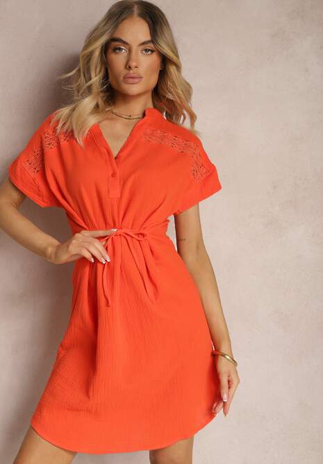 Pomarańczowa Sukienka na Lato z Bawełny ze Sznureczkiem w Talii Rufalia