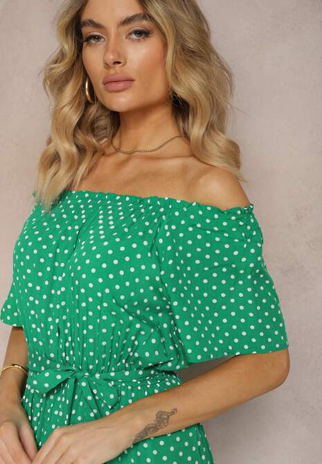 Rochie verde evazată din viscoză cu curea din material și elastic în talie Dimthia 5
