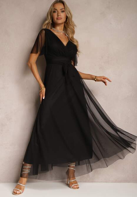 Czarna Siateczkowa Sukienka z Kopertowym Dekoltem Wiązana w Talii Niblea