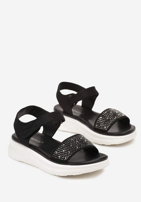 Sandale Negre cu Talpă Groasă cu Închidere Velcro Împodobite cu Pietre Strass Tristana 5