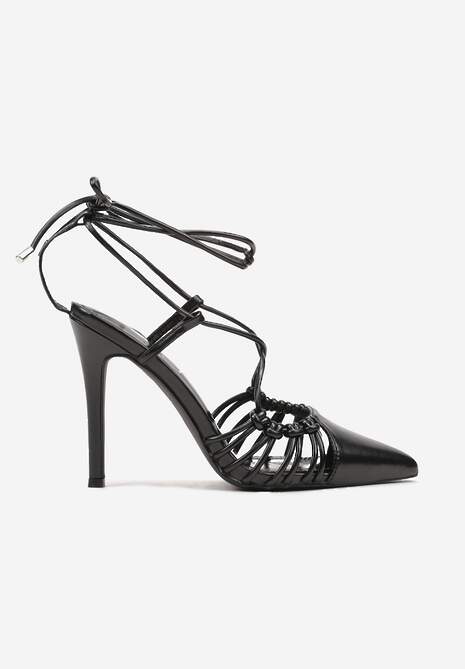 Sandale Negre cu Toc Stiletto din Piele Ecologica cu Siret si Decupate Inetta 4