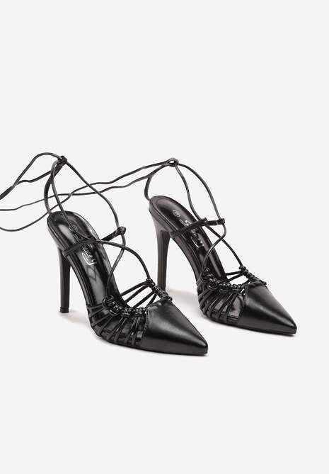 Sandale Negre cu Toc Stiletto din Piele Ecologica cu Siret si Decupate Inetta 5