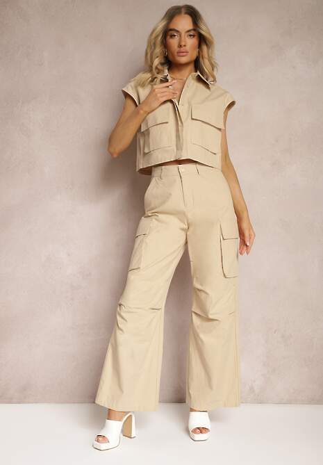 Set Bej din Bumbac Pantaloni Stil Cargo Cămașă cu Nasturi cu Buzunare Dimnas 4
